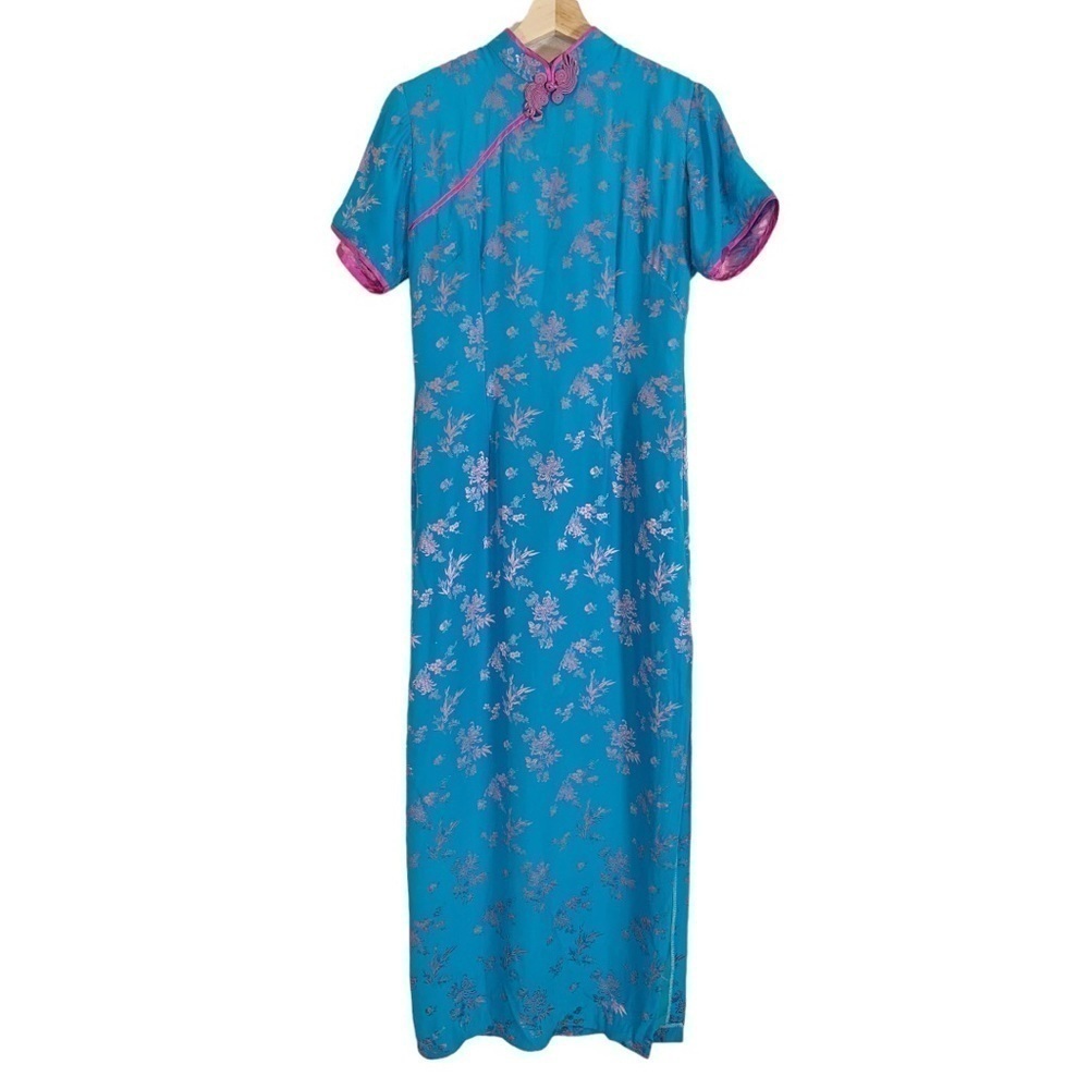 Vintage Cheonsam Asian Floral Satin Maxi Dress Size S/M